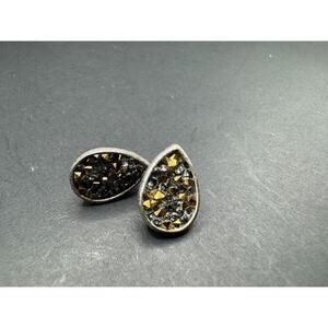 Vintage Gold Black Marcasite Druzy Silver Tone Tear Drop Stud Dangle Earrings